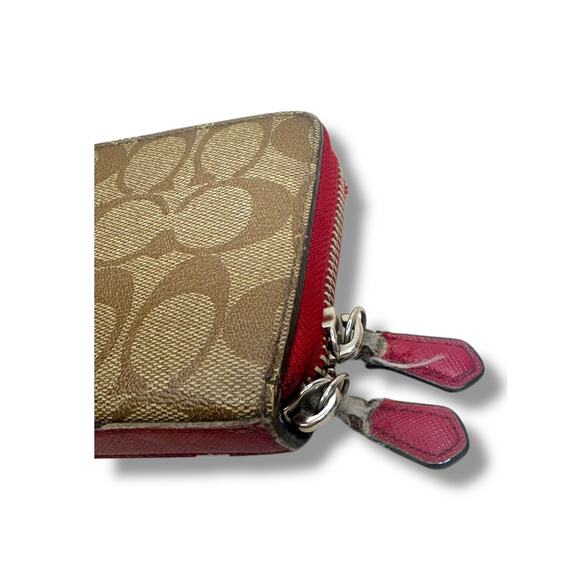 Coach Signature Zip Around Wallet Khaki Red Trim – Wear on Edges - Picture 7 of 9